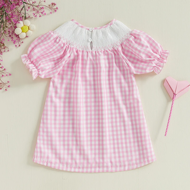 Girls Summer Princess Dress with Short Sleeves Embroidered Letters A-line Design and Plaid Pattern for a Stylish Look