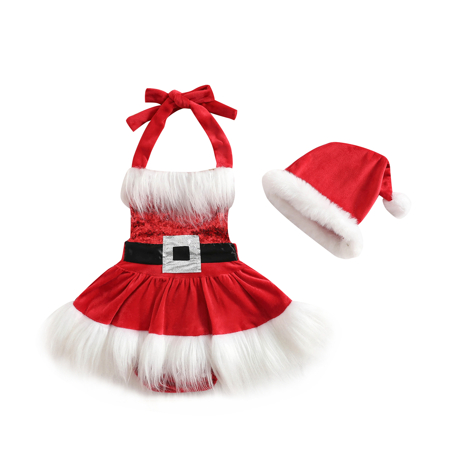 2022-08-30 Lioraitiin Baby Girls Christmas Romper Dress Sequins White Plush Trim Patchwork Sleeveless Tutu Jumpsuits with Hat