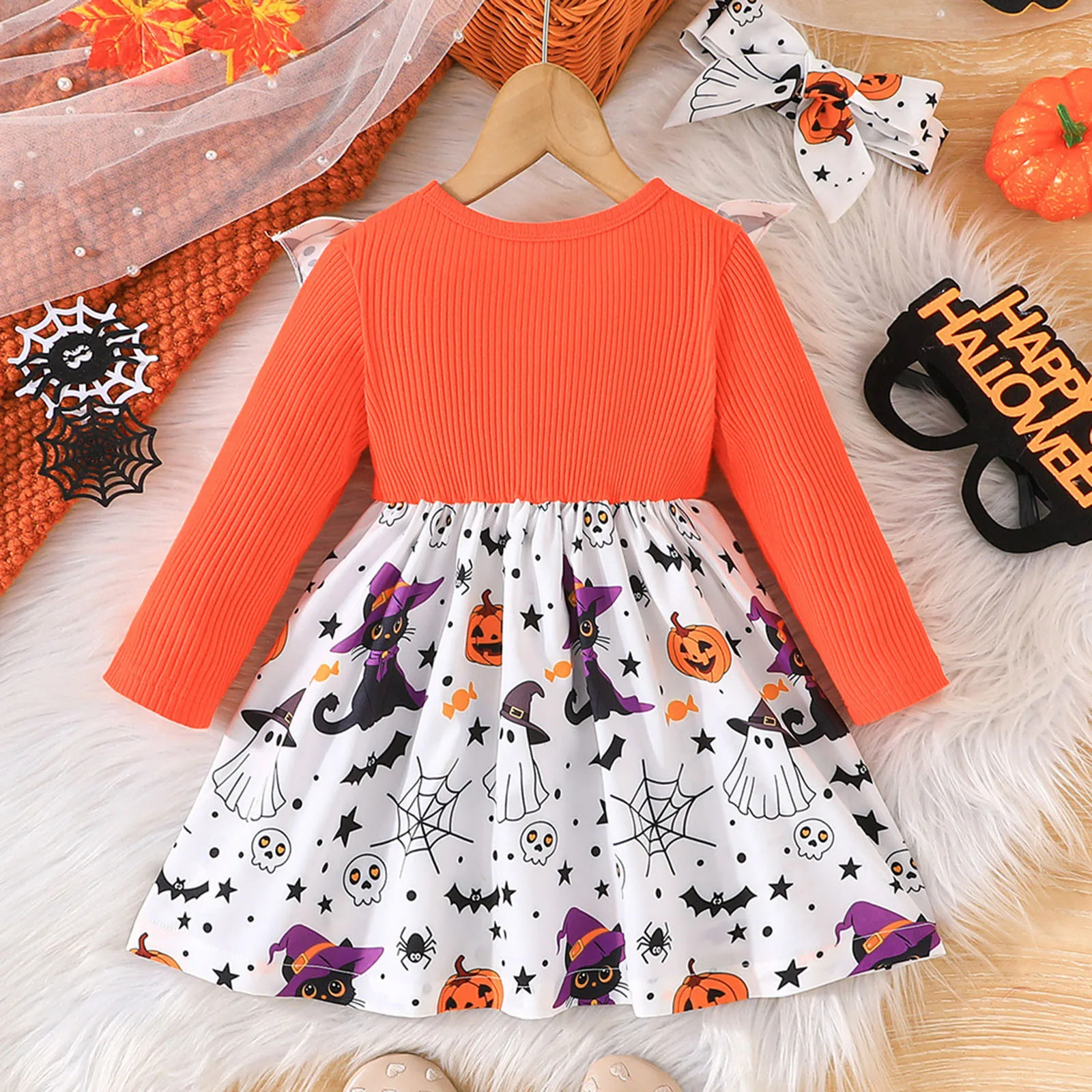 Children's Clothes Round Neck Strip Dress Headscarf 1-3 Year Baby Girl Dress Halloween Autumn Winter Dress