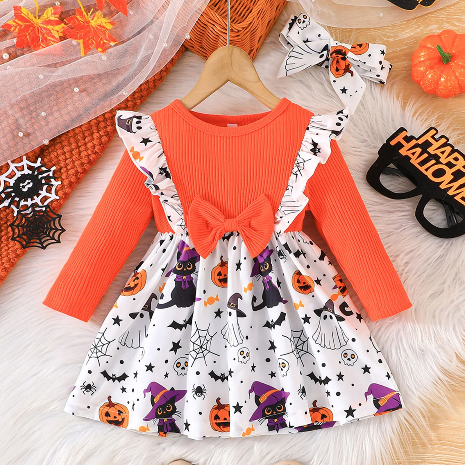 Children's Clothes Round Neck Strip Dress Headscarf 1-3 Year Baby Girl Dress Halloween Autumn Winter Dress