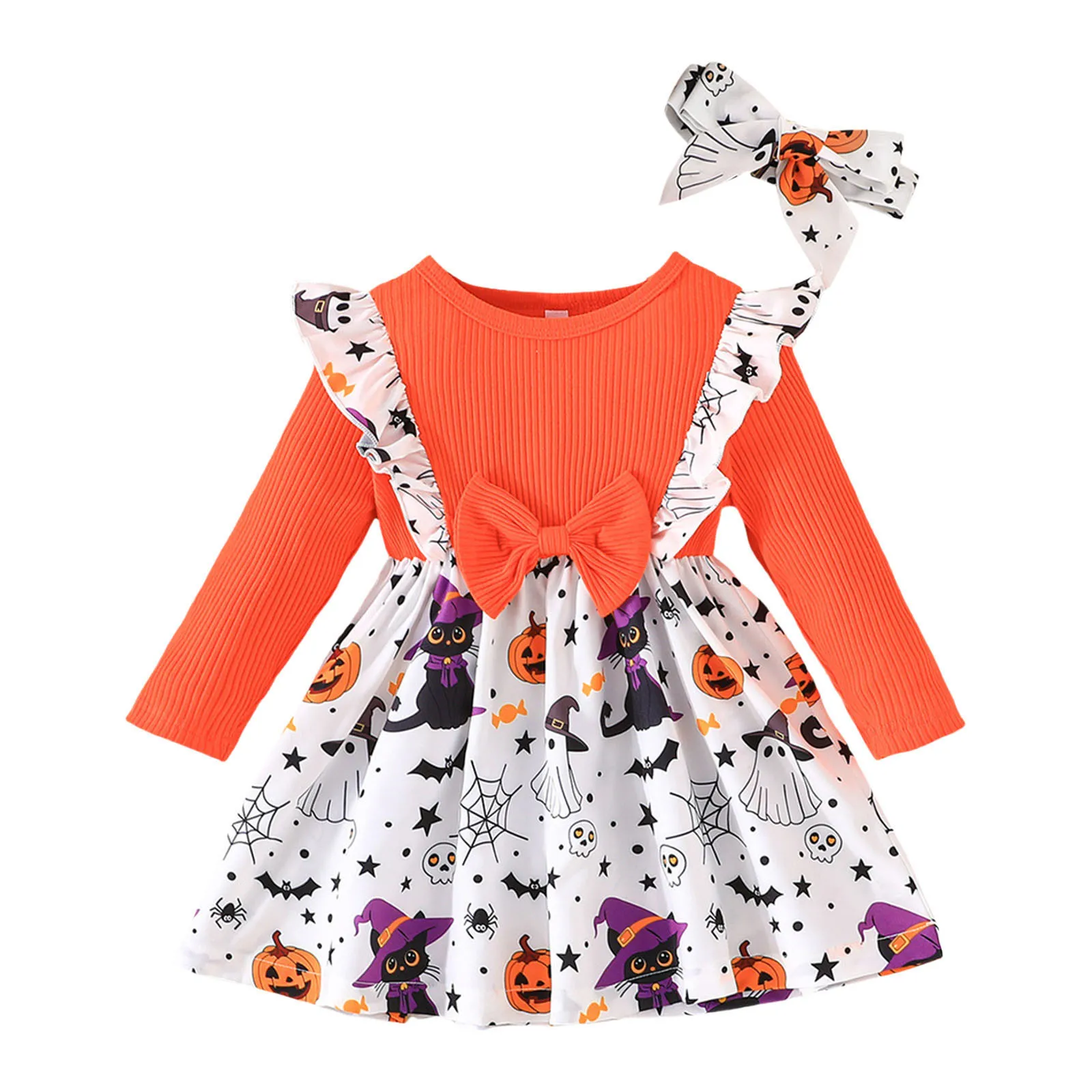 Children's Clothes Round Neck Strip Dress Headscarf 1-3 Year Baby Girl Dress Halloween Autumn Winter Dress