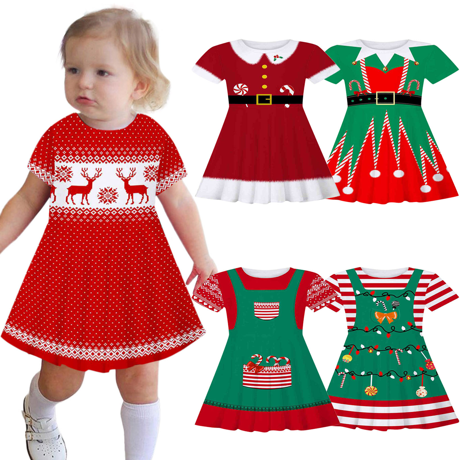 New Year Kids Dresses Girls Deer Snowflake Print Short Sleeve Dress New Year Costume Princess Dress Kids Christmas Clothes 2-9Y