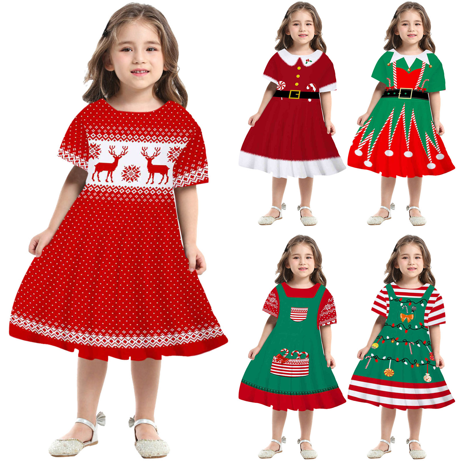 New Year Kids Dresses Girls Deer Snowflake Print Short Sleeve Dress New Year Costume Princess Dress Kids Christmas Clothes 2-9Y