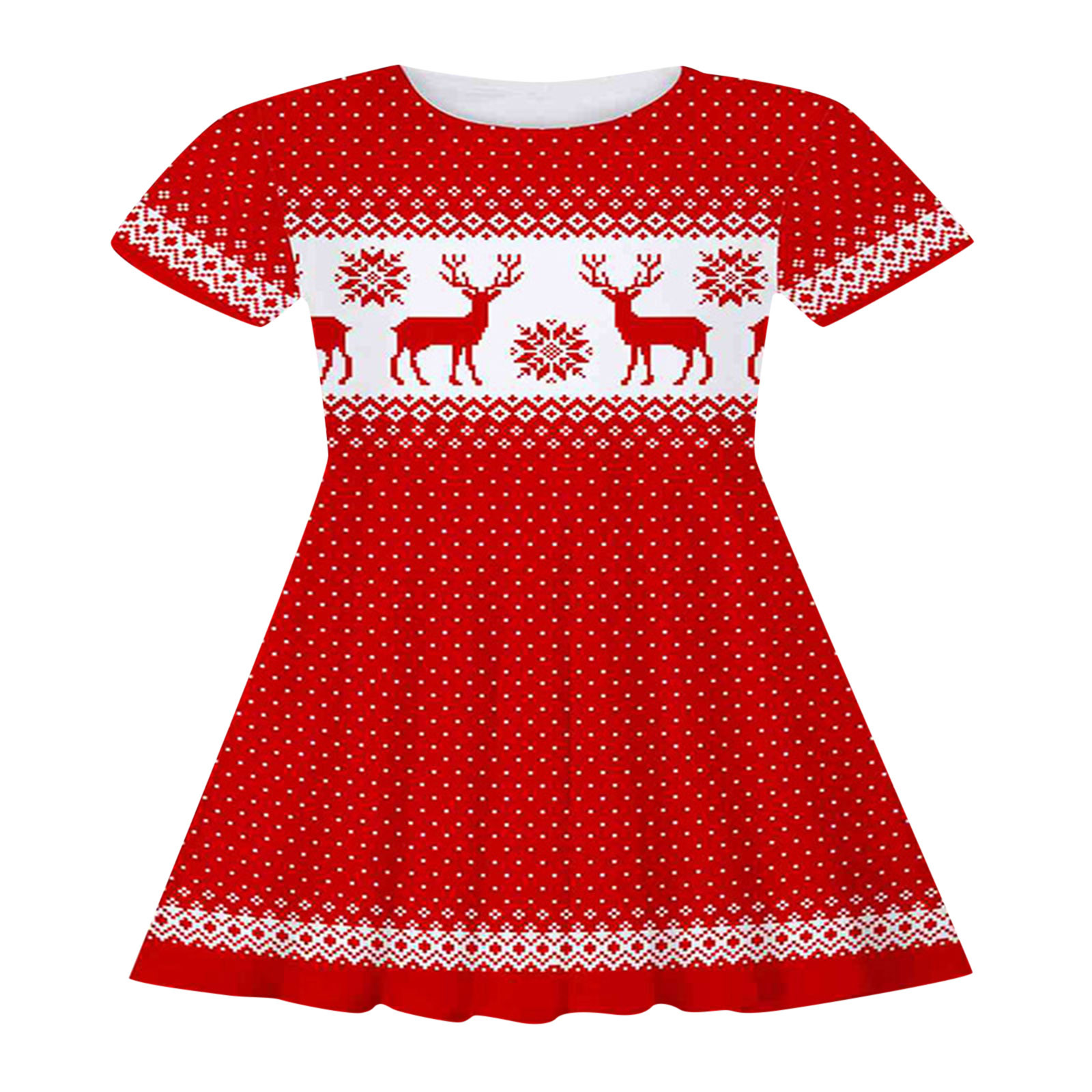 New Year Kids Dresses Girls Deer Snowflake Print Short Sleeve Dress New Year Costume Princess Dress Kids Christmas Clothes 2-9Y