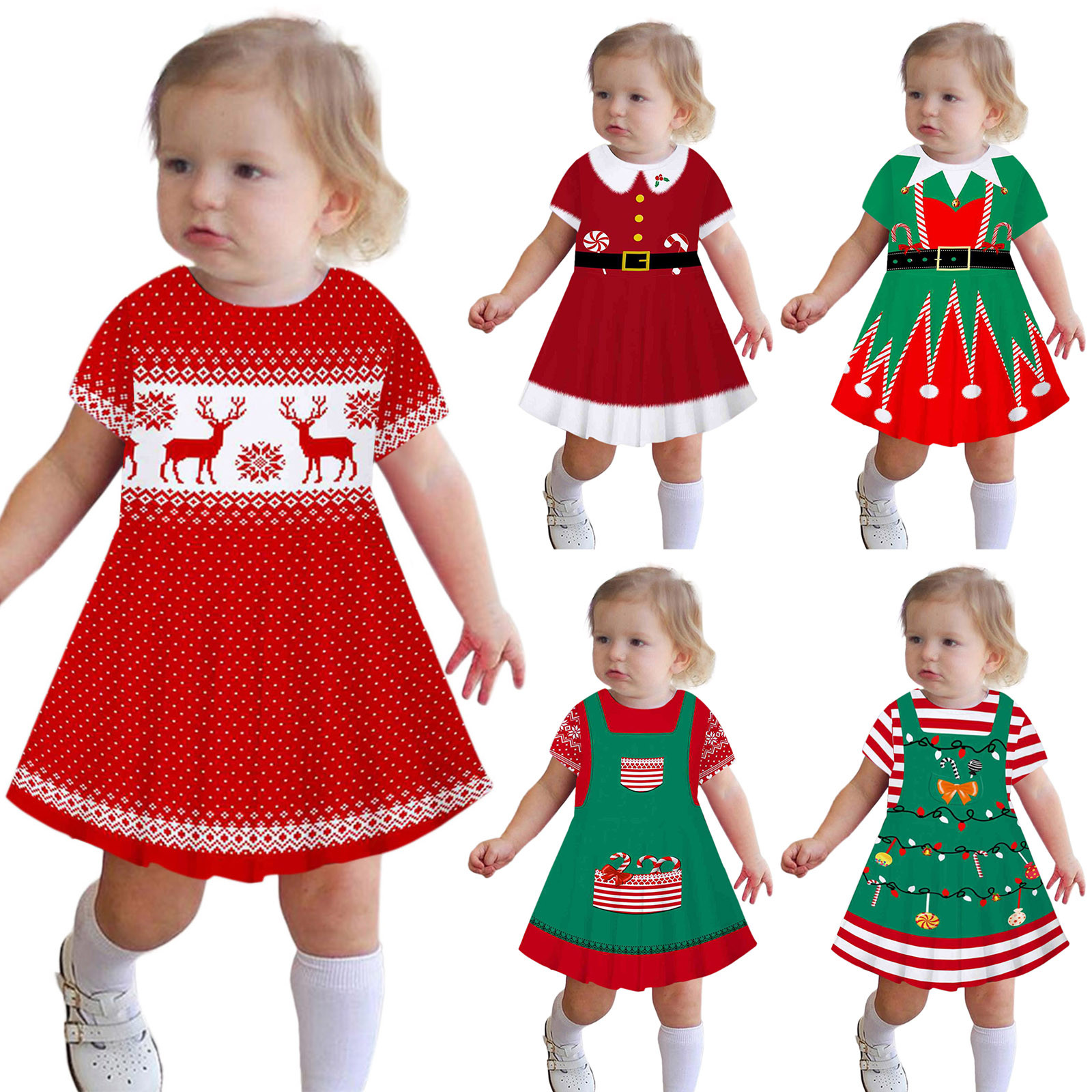 New Year Kids Dresses Girls Deer Snowflake Print Short Sleeve Dress New Year Costume Princess Dress Kids Christmas Clothes 2-9Y