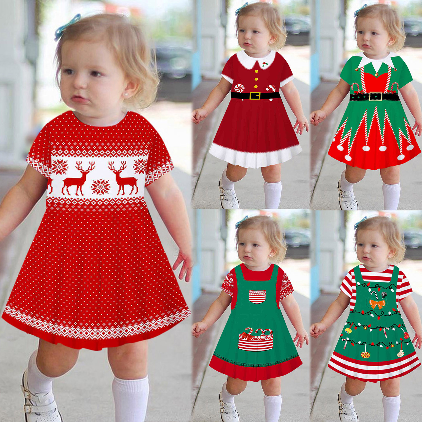 New Year Kids Dresses Girls Deer Snowflake Print Short Sleeve Dress New Year Costume Princess Dress Kids Christmas Clothes 2-9Y