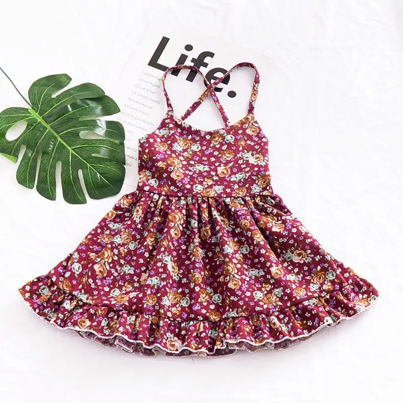 Summer Solid Floral Baby Children Dress Toddler Baby Girls Dress Halter Strap Floral Dress Newest Sleeveless Princess Party