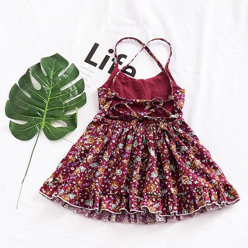 Summer Solid Floral Baby Children Dress Toddler Baby Girls Dress Halter Strap Floral Dress Newest Sleeveless Princess Party