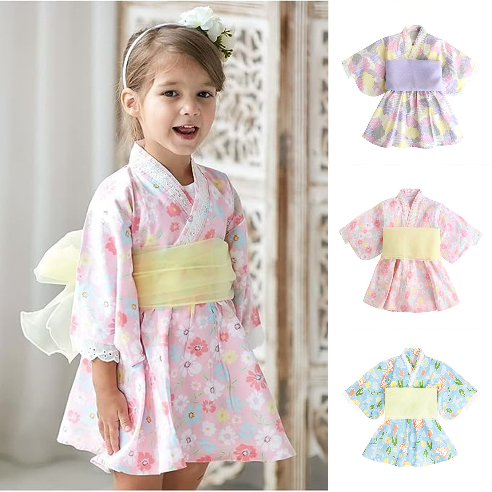 Baby Girl Rompers Japanese Style Kawaii Girls Floral Print Kimono Dress for Kids Costume Infant Yukata Asian Kimono Clothing