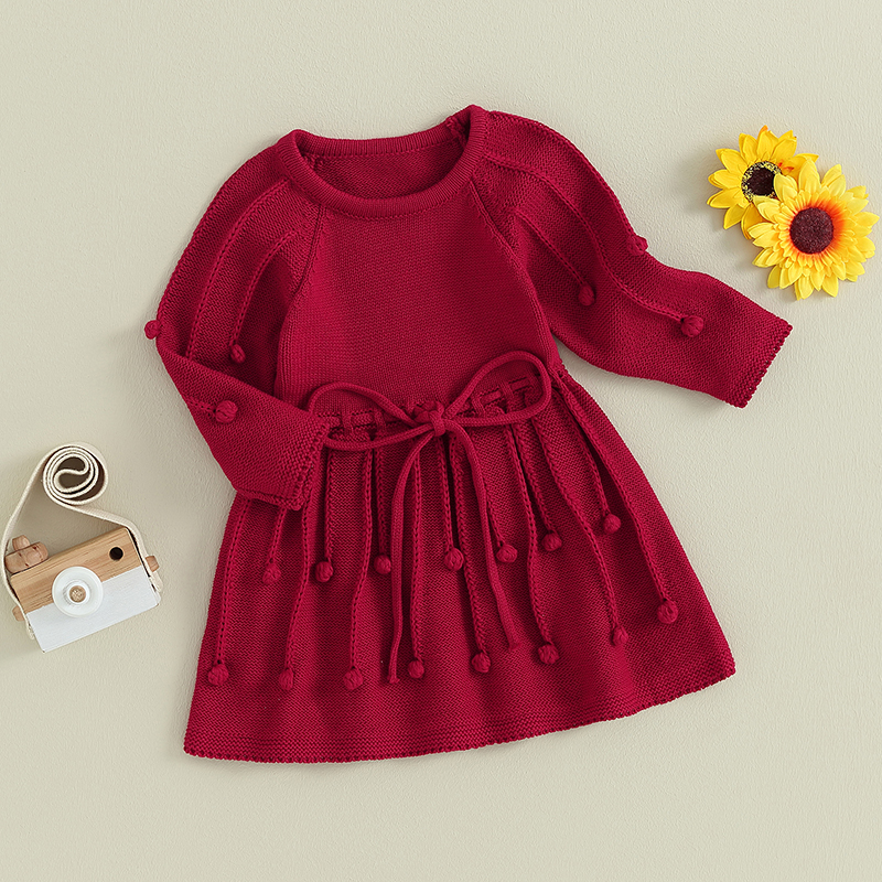 Lioraitiin Kids Girls Dress Christmas Clothes Sweater Dress Solid Color Bobbles Crew Neck Long Sleeve Knit Dress Princess Dress