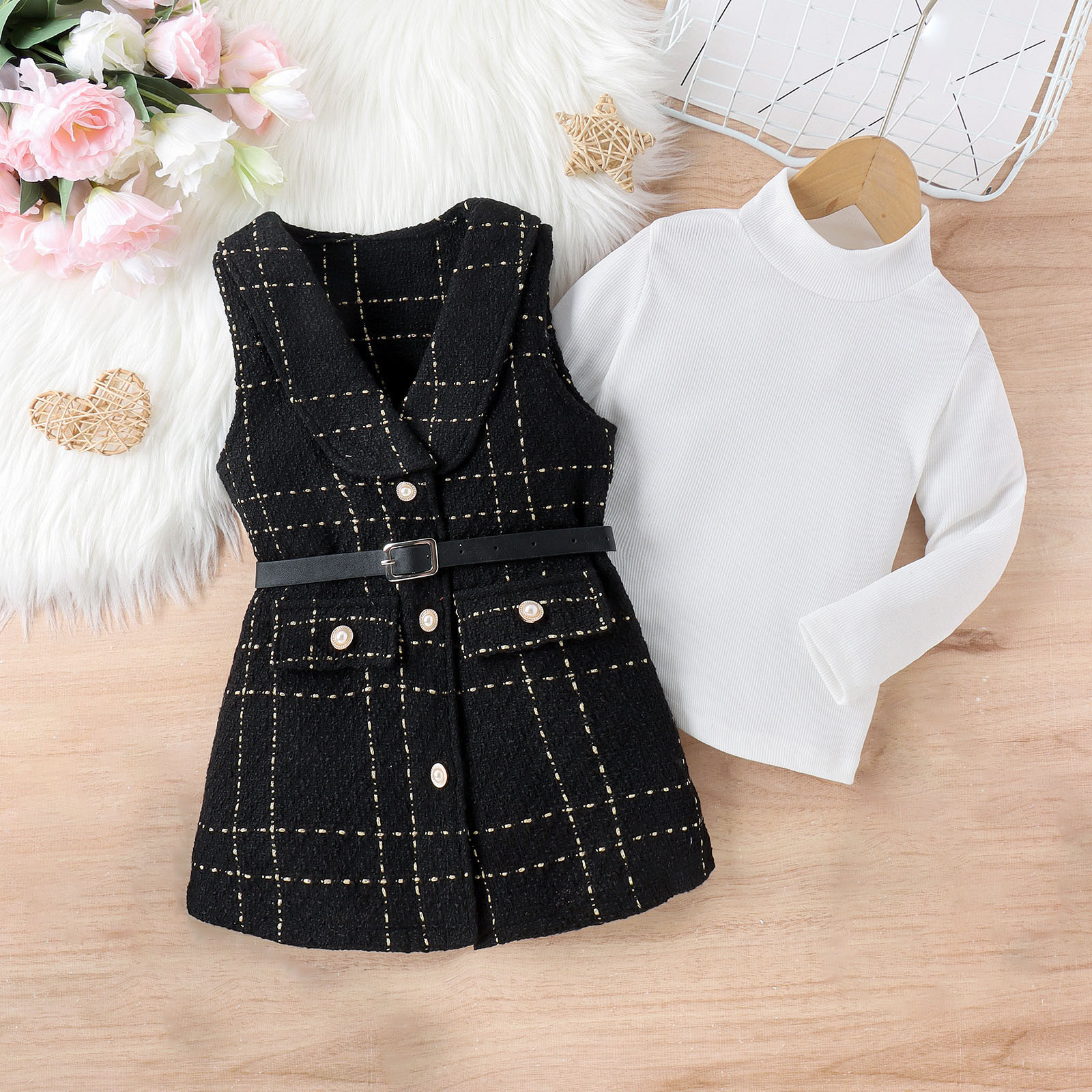 3-7Y Girls Spring Fall Outfits Kids Sleeveless Lapel V Neck Jacket Dress with Belt+Long Sleeve Ribbed Tops Sets Children Clothes