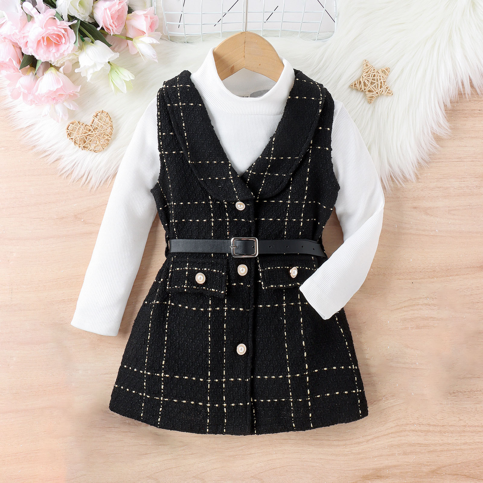 3-7Y Girls Spring Fall Outfits Kids Sleeveless Lapel V Neck Jacket Dress with Belt+Long Sleeve Ribbed Tops Sets Children Clothes