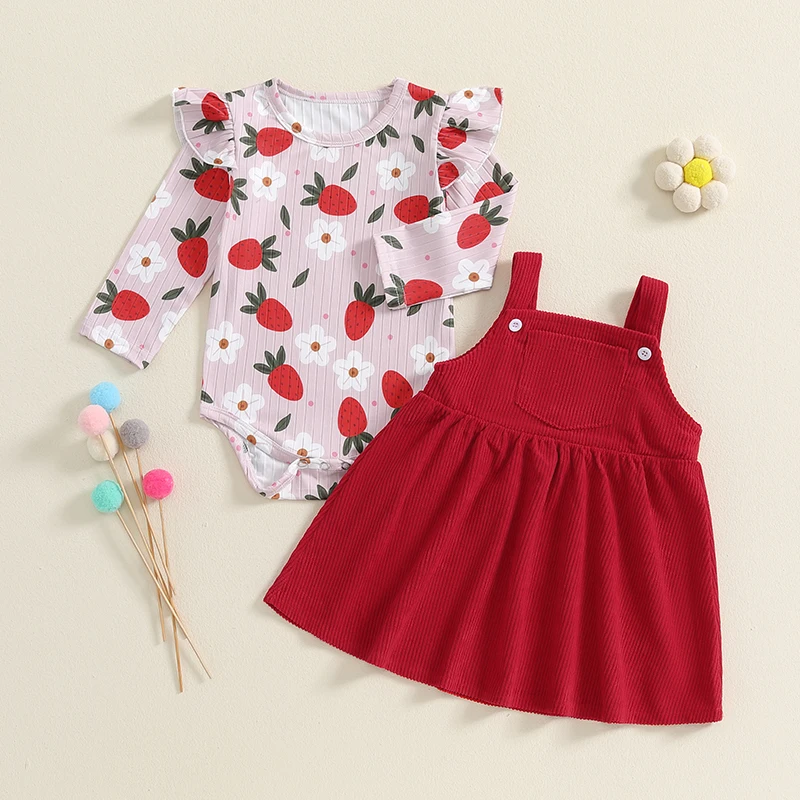 Lioraitiin 0-18M Autumn Baby Girls Clothes Set 2pcs Floral Print Long Sleeve Ruffled Ribbed Romper Loose Overalls Dress