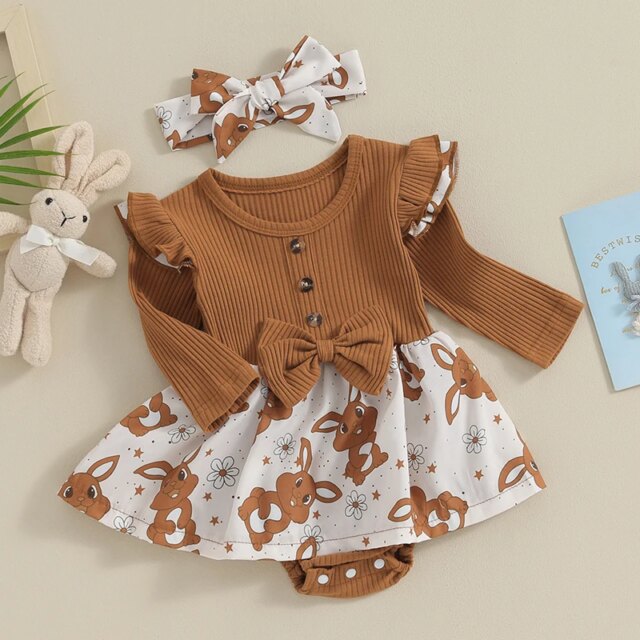 Toddler Easter Dress Short Sleeve Floral Print A-line Romper with Bunny Ear Headband Set for Baby Girls Spring Outfit