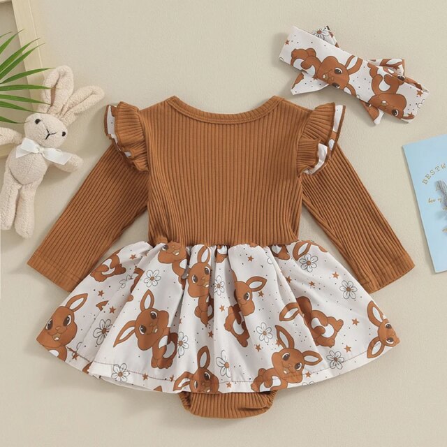Toddler Easter Dress Short Sleeve Floral Print A-line Romper with Bunny Ear Headband Set for Baby Girls Spring Outfit - Image 2