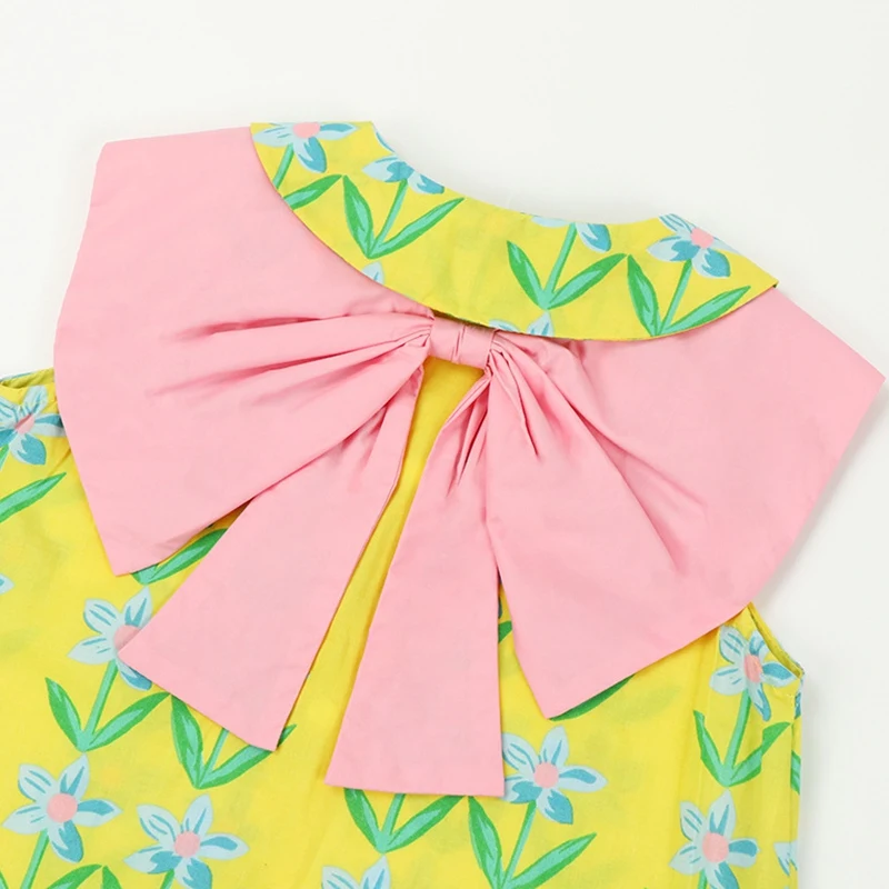 Spring Summer Korean Style Baby Girl Children Kids Casual Posh Cute Princess Style Floral Print Bowknot Doll Neck Design Dress