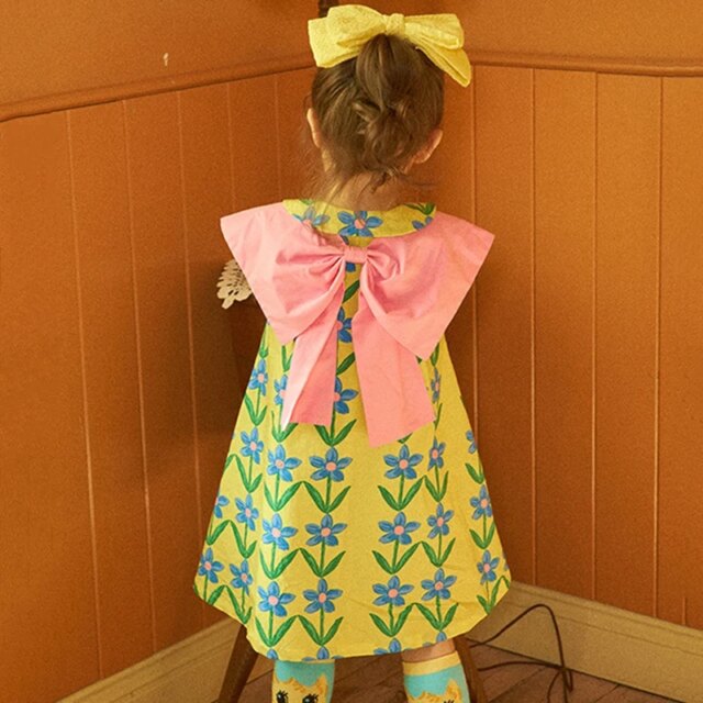 Spring Summer Korean Style Baby Girl Children Kids Casual Posh Cute Princess Style Floral Print Bowknot Doll Neck Design Dress - Image 2