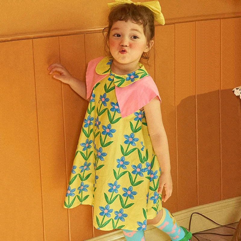 Spring Summer Korean Style Baby Girl Children Kids Casual Posh Cute Princess Style Floral Print Bowknot Doll Neck Design Dress