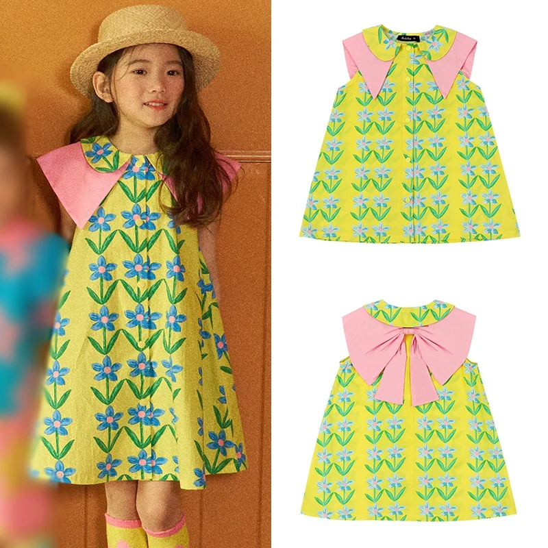 Spring Summer Korean Style Baby Girl Children Kids Casual Posh Cute Princess Style Floral Print Bowknot Doll Neck Design Dress