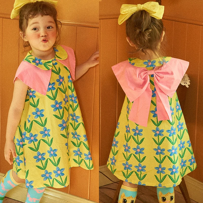 Spring Summer Korean Style Baby Girl Children Kids Casual Posh Cute Princess Style Floral Print Bowknot Doll Neck Design Dress