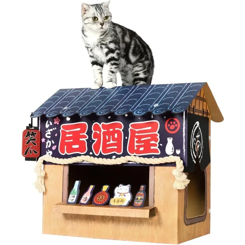 Cat Beds for Indoor Cats, Cardboard Cat House with Scratchers, Izakaya Bar, Large Sturdy Cat Furniture Condo Cave Tent,