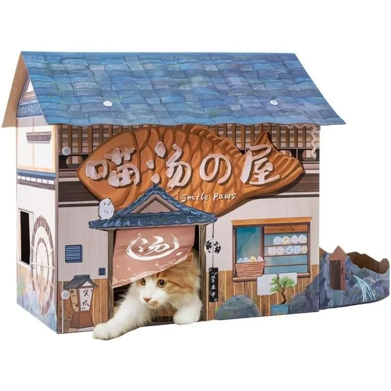 Cat Beds for Indoor Cats, Cardboard Cat House with Scratchers, Izakaya Bar, Large Sturdy Cat Furniture Condo Cave Tent,