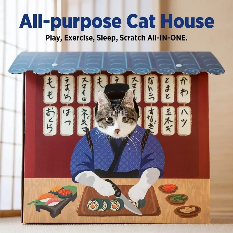 Cat Beds for Indoor Cats, Cardboard Cat House with Scratchers, Izakaya Bar, Large Sturdy Cat Furniture Condo Cave Tent,