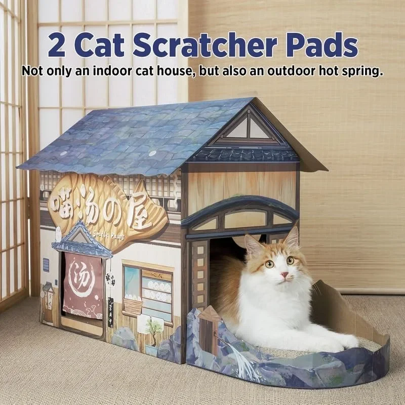 Cat Beds for Indoor Cats, Cardboard Cat House with Scratchers, Izakaya Bar, Large Sturdy Cat Furniture Condo Cave Tent,