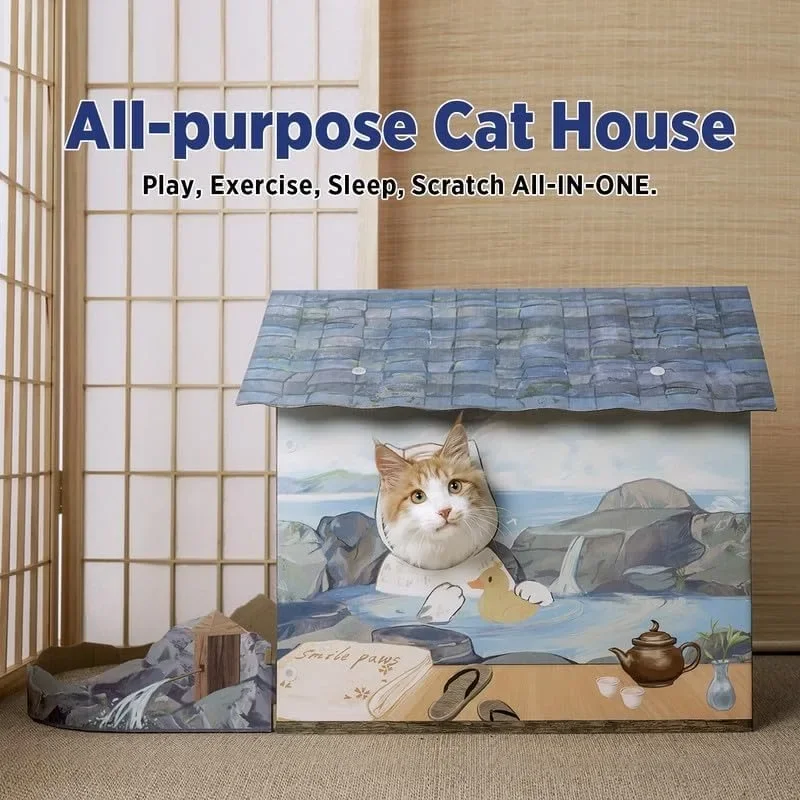 Cat Beds for Indoor Cats, Cardboard Cat House with Scratchers, Izakaya Bar, Large Sturdy Cat Furniture Condo Cave Tent,