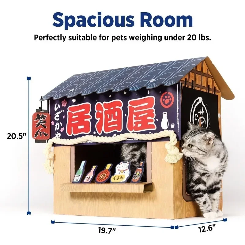 Cat Beds for Indoor Cats, Cardboard Cat House with Scratchers, Izakaya Bar, Large Sturdy Cat Furniture Condo Cave Tent,