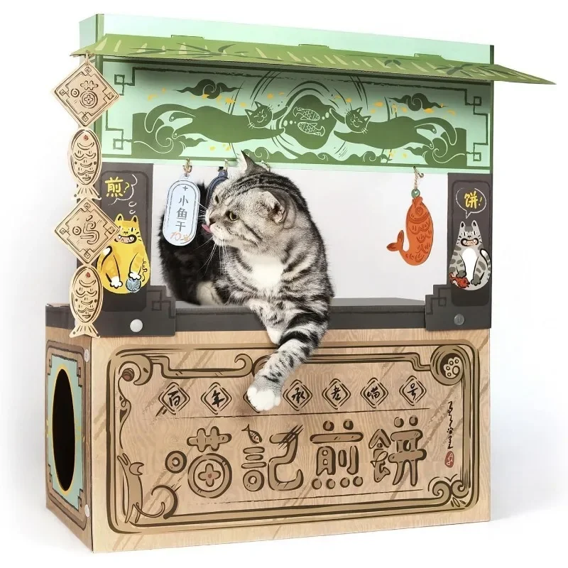 Cat Beds for Indoor Cats, Cardboard Cat House with Scratchers, Izakaya Bar, Large Sturdy Cat Furniture Condo Cave Tent,