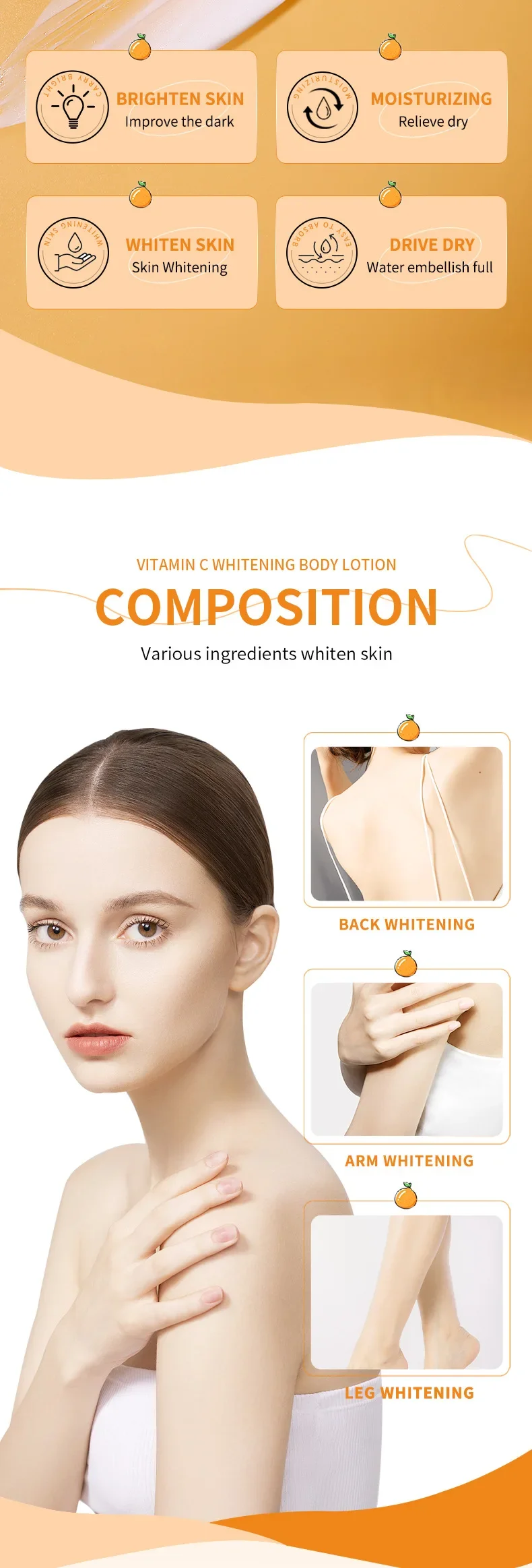 Vitamin C Body Lotion Whitening Creams Moisturising Exfoliating Leg Arm Back Body Skin Care Cream for Women Men