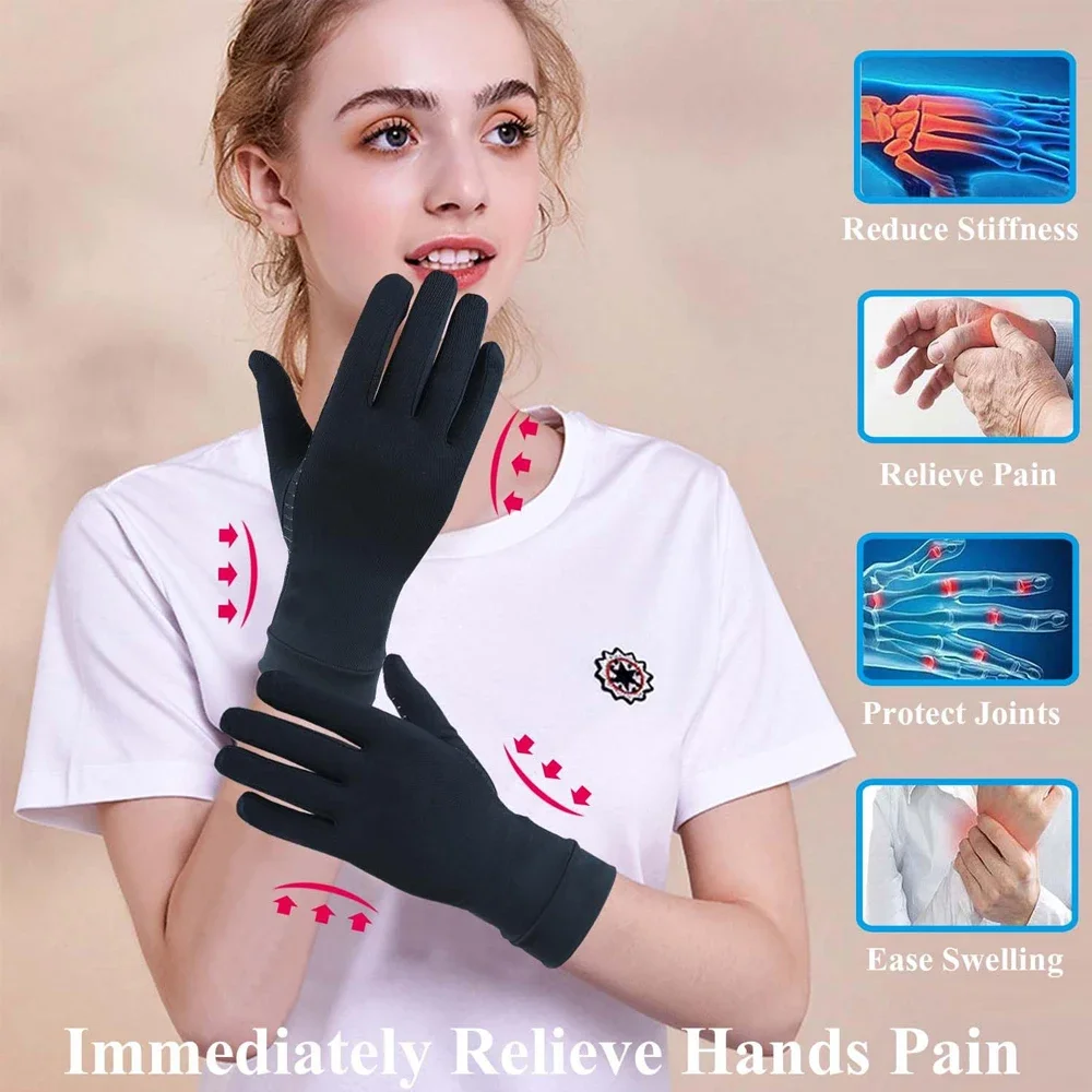 1 Pair Copper Arthritis Compression Gloves for Women Men, Hand Pain Swelling and Carpal Relieve Full Finger Gloves for Tablets