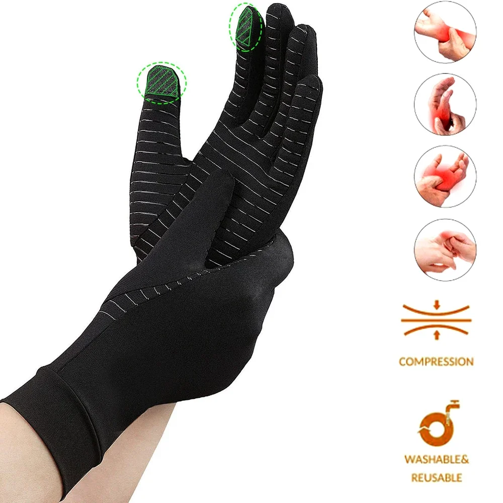 1 Pair Copper Arthritis Compression Gloves for Women Men, Hand Pain Swelling and Carpal Relieve Full Finger Gloves for Tablets