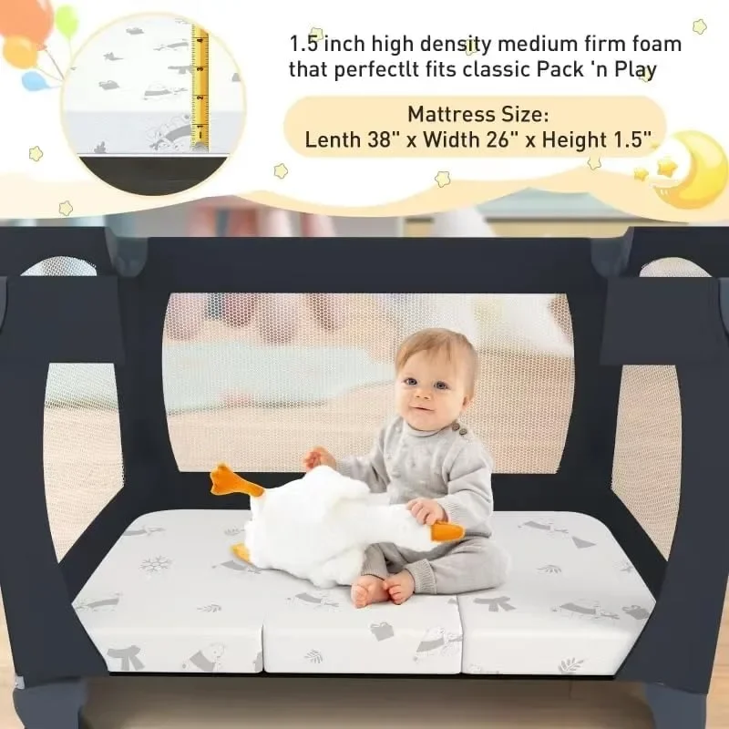 Trifold Pack and Play Mattress Topper, Waterproof Foldable 38x26 Soft Portable Pad for Pack n Play