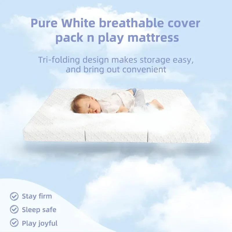 Trifold Pack and Play Mattress Topper, Waterproof Foldable 38x26 Soft Portable Pad for Pack n Play