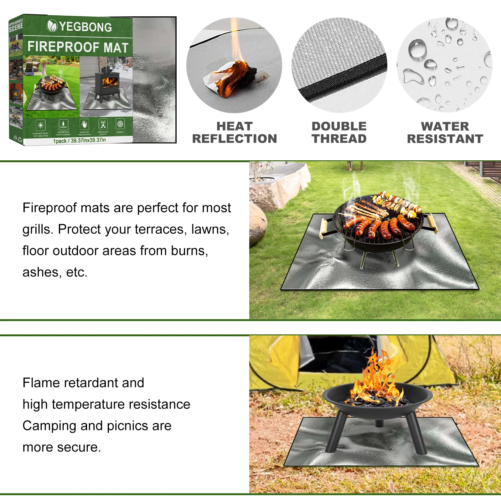 Flame Retardant and High Temperature Resistant Picnic Barbecue Heat Insulation Pad Fiberglass Blanket Square Fireproof Grill Mat