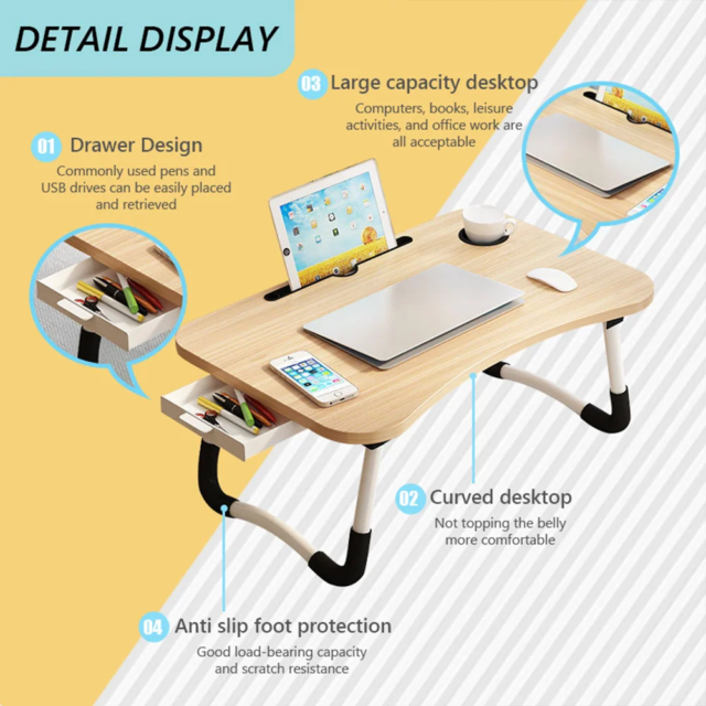 Laptop Bed Table Foldable Lap Table with Cup Holder Drawer Tablet Stand Laptop Bed Tray Table Portable Lap Table Foldable Legs - Image 2