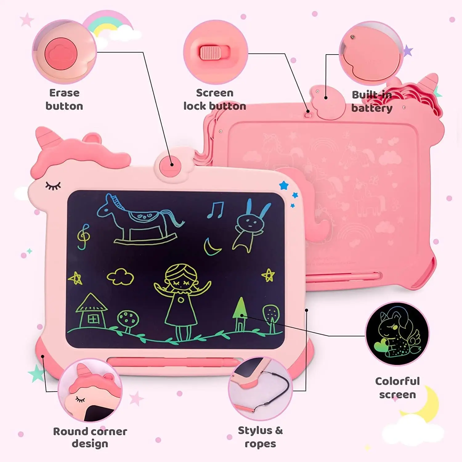 KIKAPABI 8.5-inch LCD Writing Tablet for Kids, Unicorn Colorful Screen Doodle Board, Toddler Educational Travel Toys