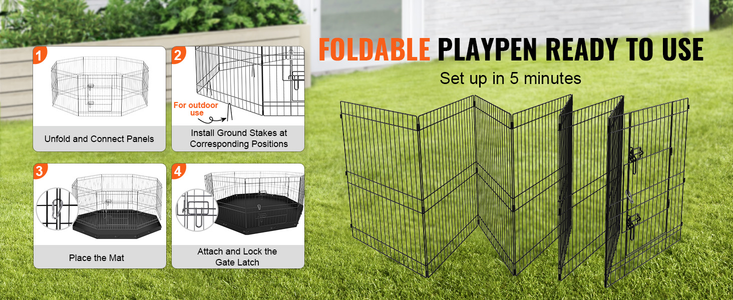 VEVOR Dog Playpen 8 Panels Foldable Metal Dog Exercise Pen Pet Fence with Bottom Pad Cover for Puppy Outdoor Camping Yard Kennel