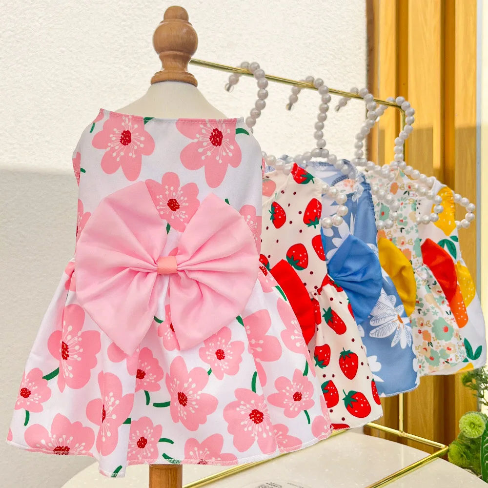 Summer Dog Princess Dress Kitten Pet Skirt Cute Printed Bow Lace Dog Dresses for Small Medium Puppies Poodle Chihuahua Apparel