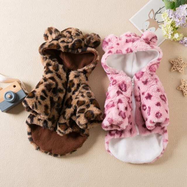Leopard Print Dog Coat Winter Warm Dog Clothes Pet Thicken Windproof Hoodie Jacket Doggy Thermal Coat Puppy Outfits Cat Apparels - Image 2