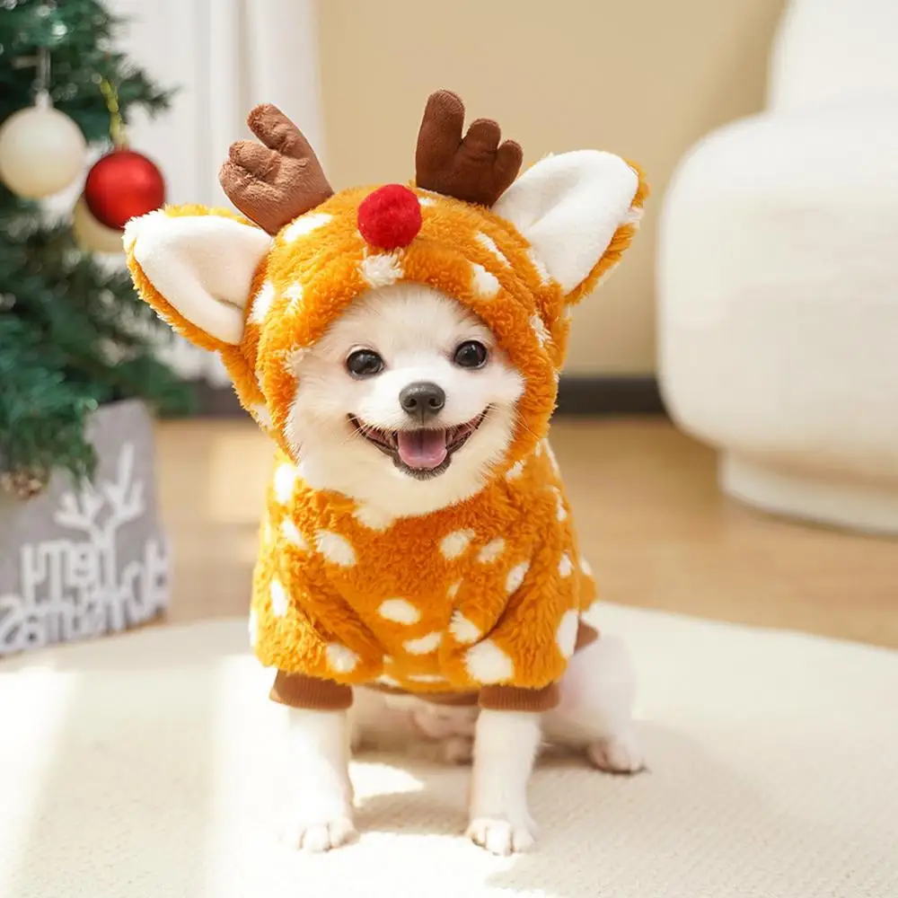 Puppy Christmas Elk Outfit Pet Cosplay Dog Clothes Christmas Fleece Elk Dog Cold Weather Outfits Winter Wear Pet Apparels For