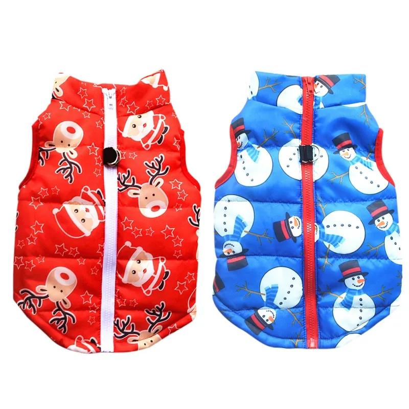 Christmas Dog Cotton Wadded Jacket Snowman Pet Coat with Harness Hook Xmas Elk Cats Vest Puppy Costume Cozy Cold Weather Apparel