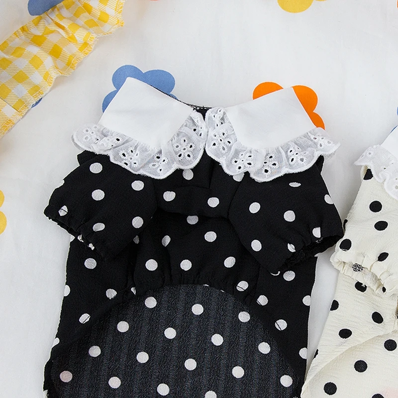 Dog Clothes Cute Polka Dotted Lace Bow Black White Thin Puppy T-shirt Teddy Small Dogs Pet T-shirt Two-Legged Pet Apparels