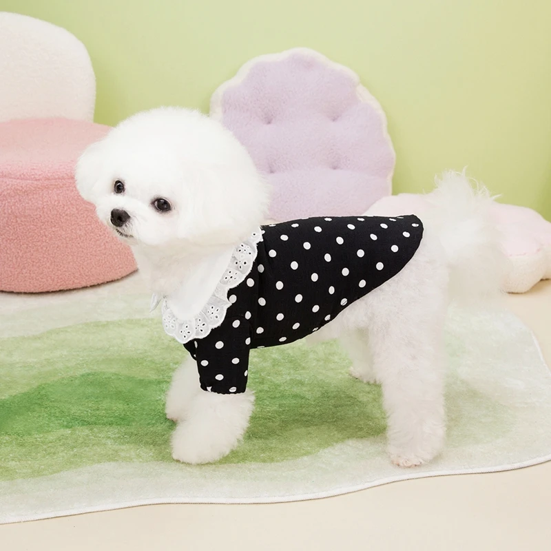 Dog Clothes Cute Polka Dotted Lace Bow Black White Thin Puppy T-shirt Teddy Small Dogs Pet T-shirt Two-Legged Pet Apparels