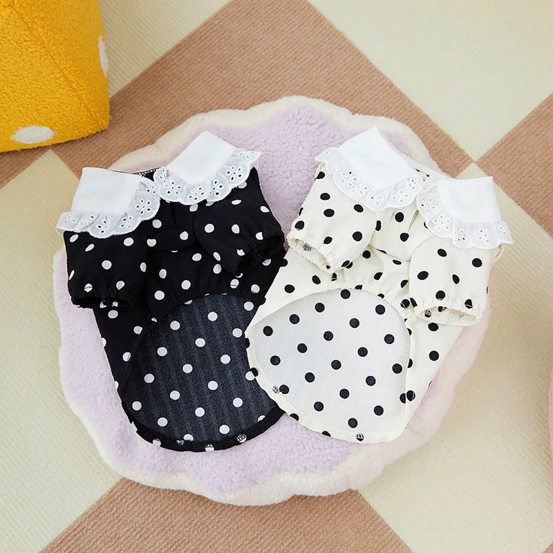 Dog Clothes Cute Polka Dotted Lace Bow Black White Thin Puppy T-shirt Teddy Small Dogs Pet T-shirt Two-Legged Pet Apparels