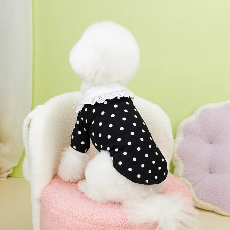 Dog Clothes Cute Polka Dotted Lace Bow Black White Thin Puppy T-shirt Teddy Small Dogs Pet T-shirt Two-Legged Pet Apparels