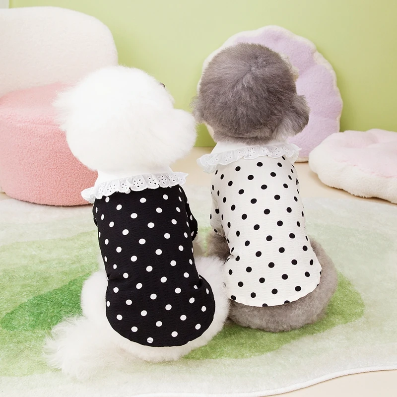 Dog Clothes Cute Polka Dotted Lace Bow Black White Thin Puppy T-shirt Teddy Small Dogs Pet T-shirt Two-Legged Pet Apparels