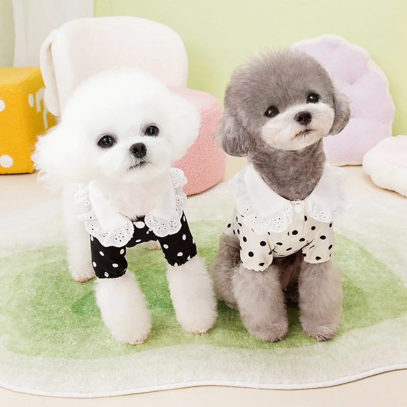 Dog Clothes Cute Polka Dotted Lace Bow Black White Thin Puppy T-shirt Teddy Small Dogs Pet T-shirt Two-Legged Pet Apparels